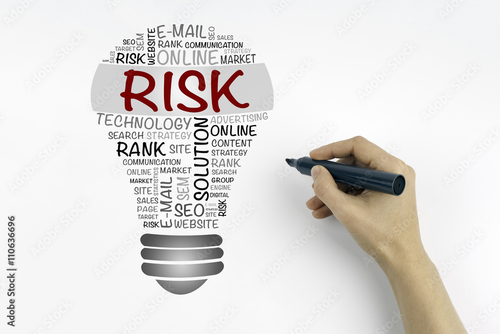 Hand with marker writing: RISK bulb word cloud