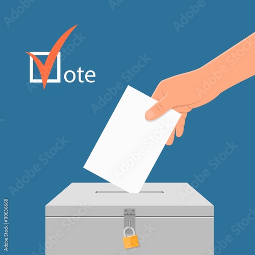 Election day concept vector illustration. Hand putting voting paper in the ballot box.
