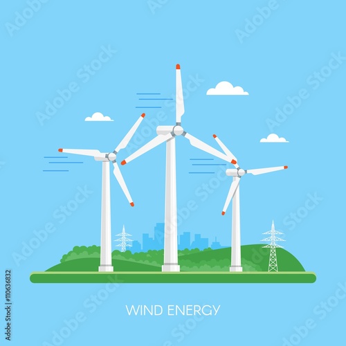 Wind power plant and factory. Turbines. Green energy industrial concept. Vector illustration in flat style. Electricity station background.