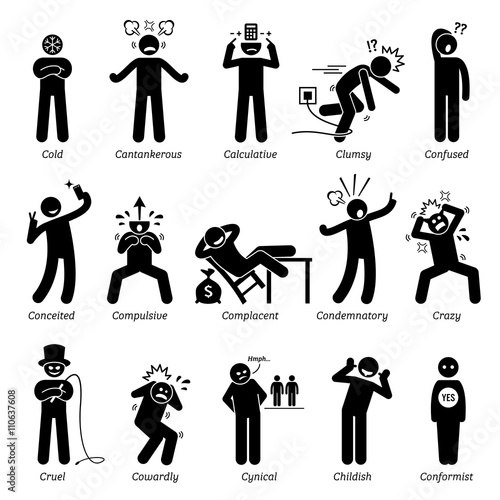 Negative Personalities Character Traits. Stick Figures Man Icons. Starting with the Alphabet C.