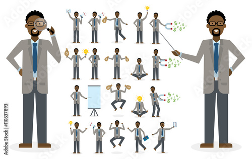 African american businessman set. Isolated set of businessman on white background. Clipboard, pointer, money bag, speaker, magnet. Active and professiaonal businessman. Multitasking.