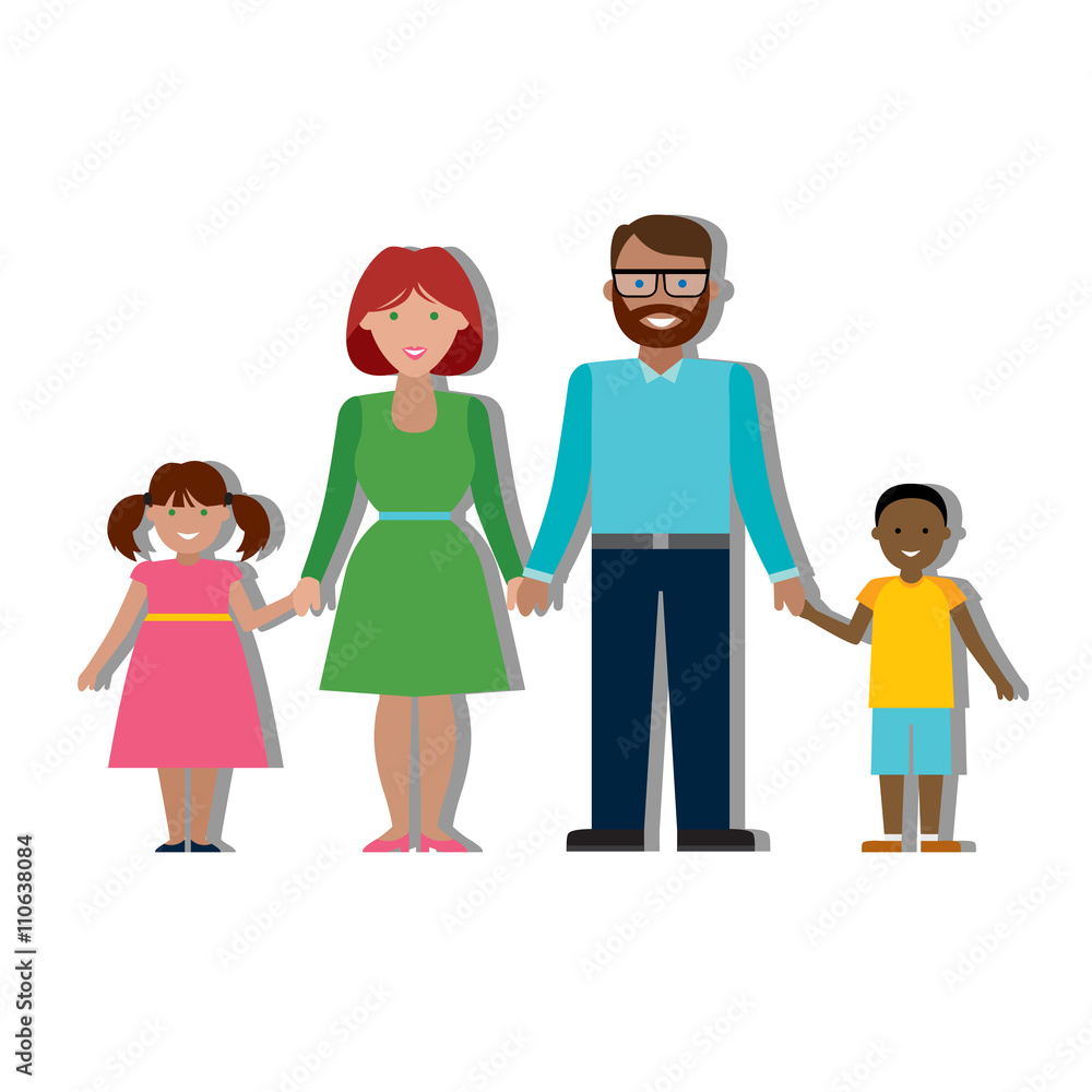Multicultural traditional family with parents and children. Happy family. Boy and girl.  Smiling family