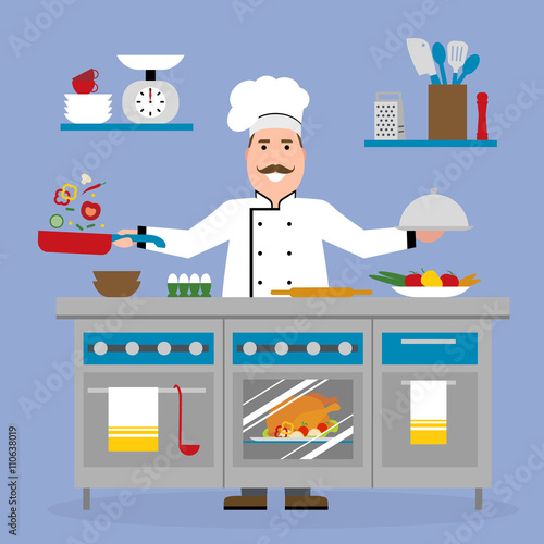Male chef cooking on pink background. Restaurant worker frying vegetables and holding a meal. Chef uniform and hat. Table and cafe equipment.