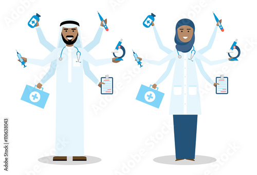 Multitasking arabian doctors with six hands standing on white background. Medical treatment, fast diagnosis and emergency. Doctor shiva is a concept of multiskilled doctor. Man and woman. photo