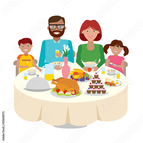 Happy multicultural family dinner table. Thanksgiving celebration. Cake and turkey. Holiday togetherness.