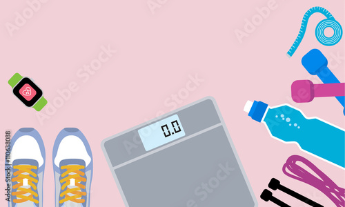 Set of fitness tools. Set of sneakers, bottle, jump rope, watch,  dumbells and scale. Workout with dumbbells. Health and sport. Gym concept.