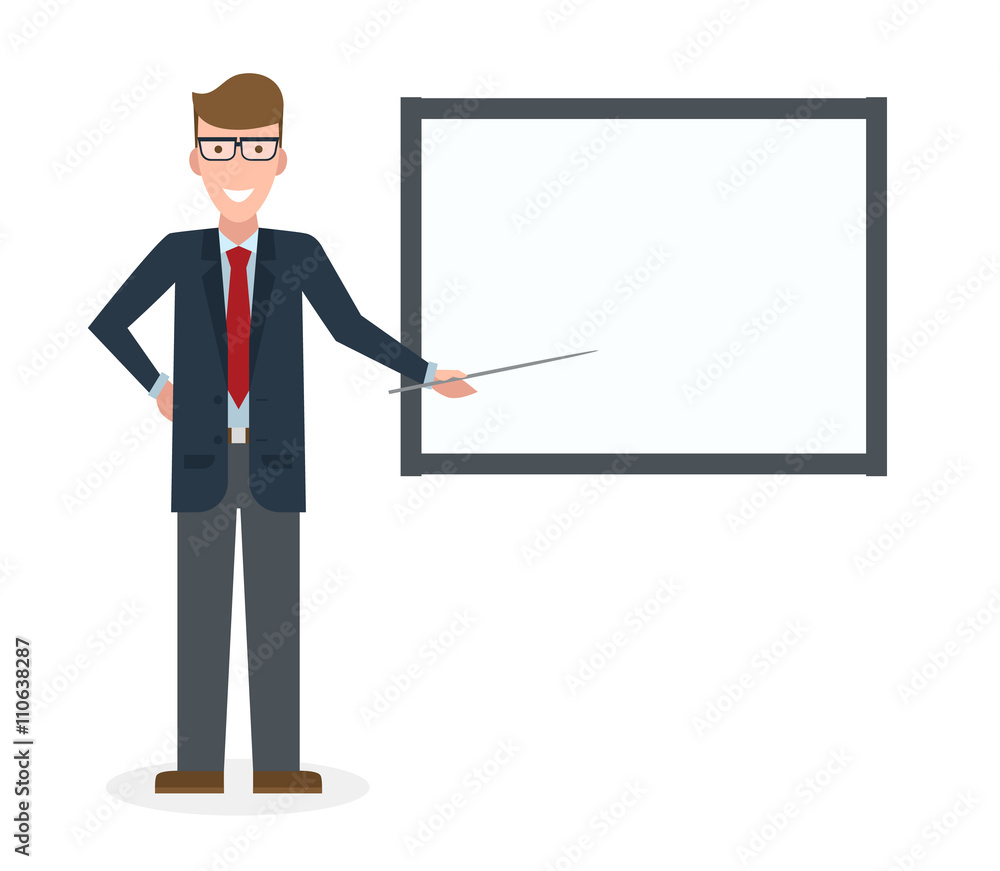 Businessman with pointer and easel board on white background. Teacher or businessman showing and presenting. Caucasian businessman. Office person. Businessman with pointer and easel board on white background. Teacher or businessman showing and presenting. Caucasian businessman. Office person.