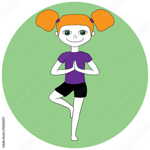 Yoga kids. Young girl standing in tree pose Vrikshasana with mint background. Holding hands in Namaste. Vector illustration.