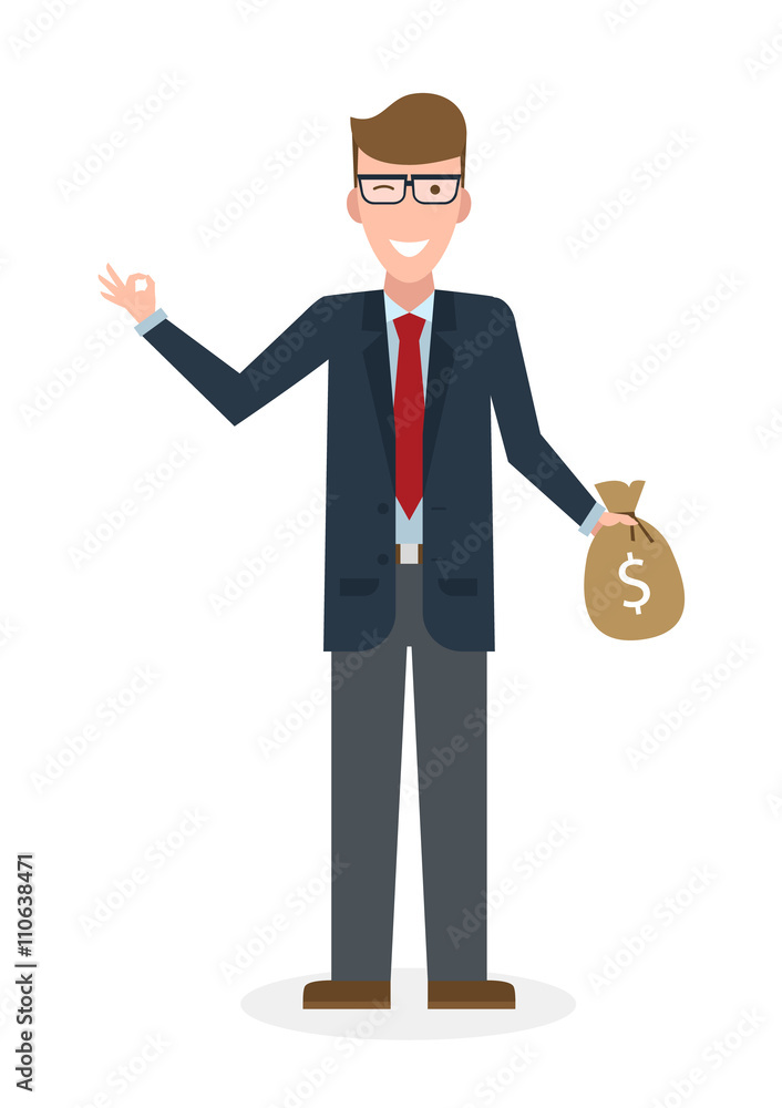 Businessman with money bag and ok gesture on white background. Isolated character. Caucasian businessman holding money bag. Concept of successful job. Businessman with money bag and ok gesture on white background. Isolated character. Caucasian businessman holding money bag. Concept of successful job.