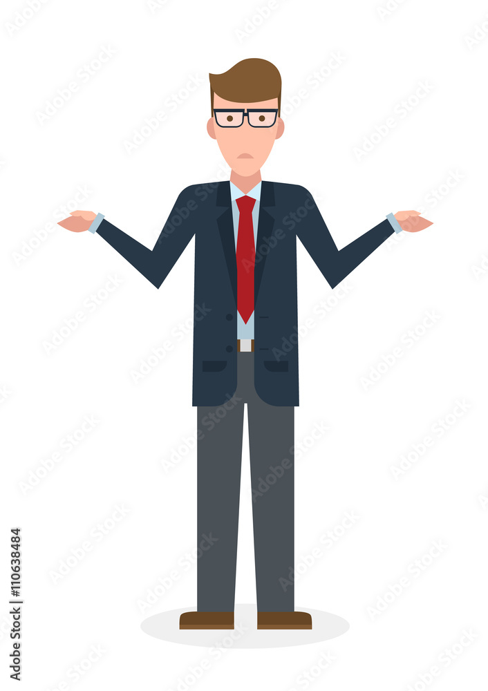 Confusing businessman on white background. Isolated character. Businessman shrugging shoulders. Uncertain, unsure and worry. Thinking about answer. Confusing businessman on white background. Isolated character. Businessman shrugging shoulders. Uncertain, unsure and worry. Thinking about answer.