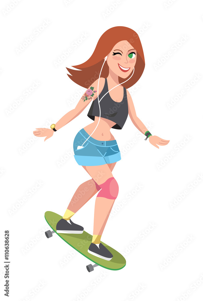 Isolated skater girl on white background. Cool beautiful girl riding on a  skateboard or longboard. Summer art. Teenager hipster skateboarder. Active  lifestyle. Stock Vector | Adobe Stock