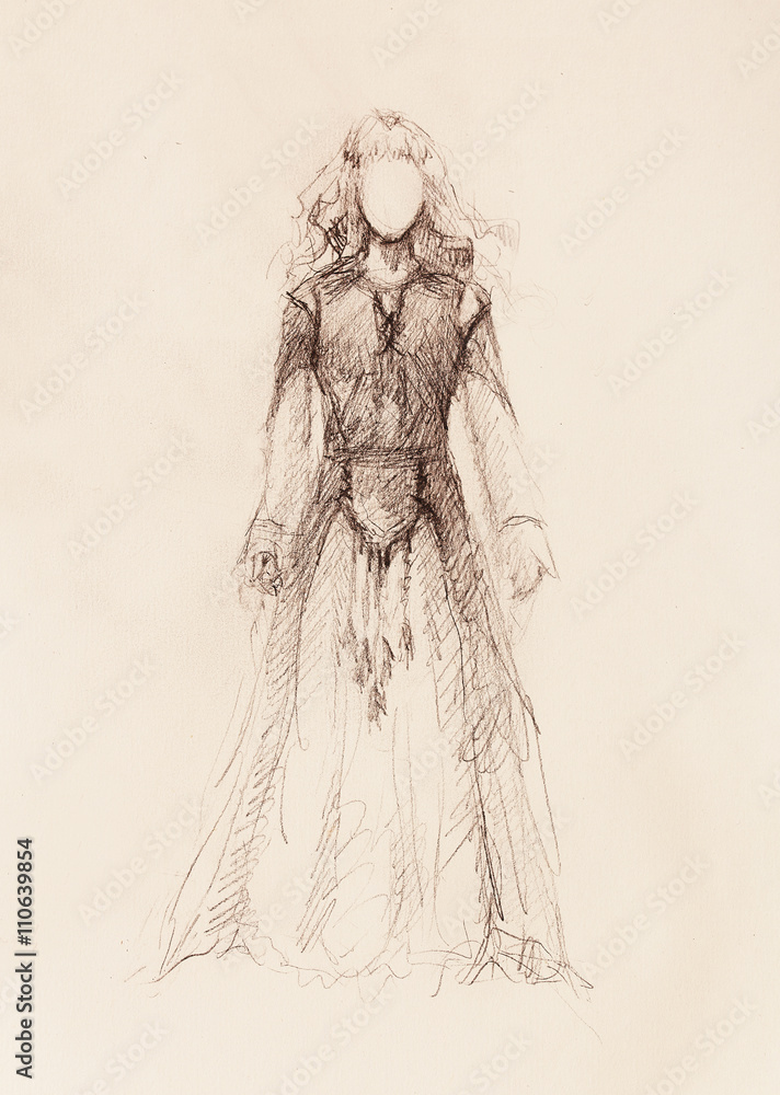 woman drawing in ornamental dress, pencil sketch on paper, sepia and vintage effect. woman drawing in ornamental dress, pencil sketch on paper, sepia and vintage effect.