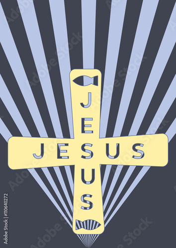 Ein Kreuz mit den sich kreuzenden Worten Jesus und zwei Fischen als Symbol für Christus.