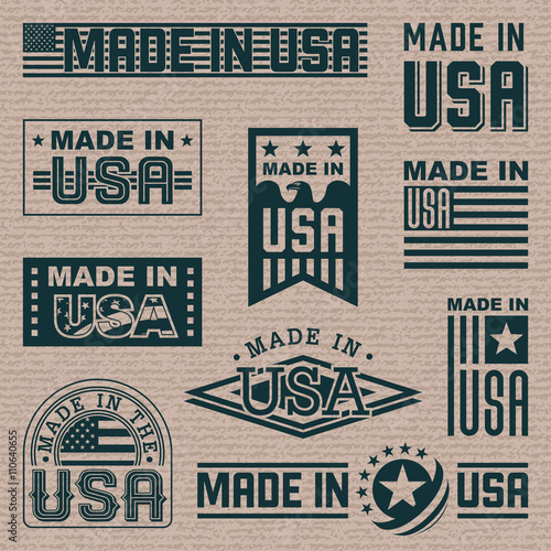 Made in America (USA) – set of different labels, badges, stamps.