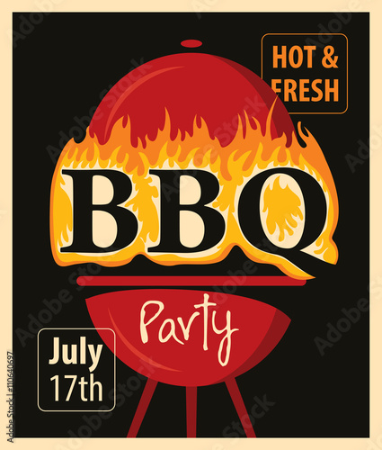 banner BBQ party with barbecues and fire in retro style