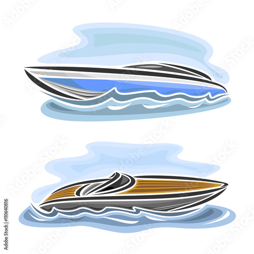 Vector illustration of logo for speed boat powerboat, consisting of  2 racing motorboat, floating on the ocean sea waves, luxury expensive sport  motor longboat close-up on blue background
