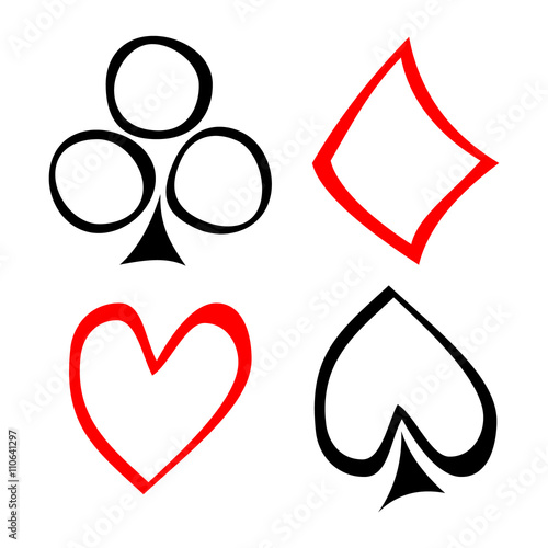 Vector set of playing card symbols. Hand drawn black and red icons isolated on the backgrounds. Graphic illustration
