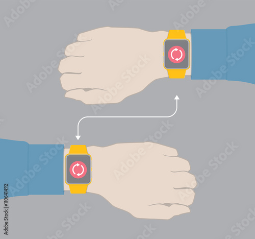 Hands with smartwatch connected wia wireless technology. photo