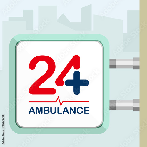 Twenty four hours available ambulance.  Signboard concept.