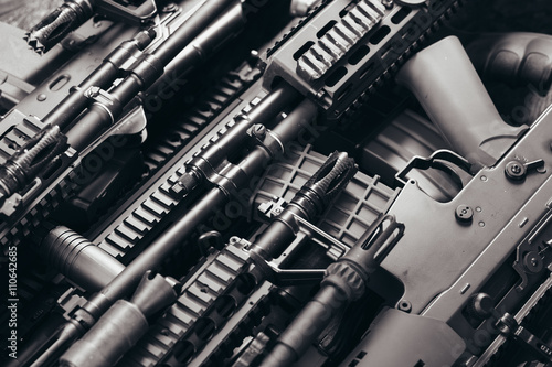 Fotografie, Obraz Details of many  confiscated modern rifles supplied smuggled. de