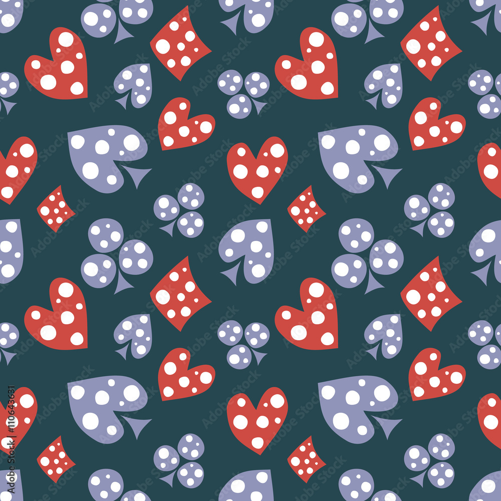 Seamless vector pattern with icons of playings cards. Background with hand drawn ornamental symbols on the blue. Decorative repeating ornament. Series of Gaming and Gambling Seamless Patterns. Seamless vector pattern with icons of playings cards. Background with hand drawn ornamental symbols on the blue. Decorative repeating ornament. Series of Gaming and Gambling Seamless Patterns.