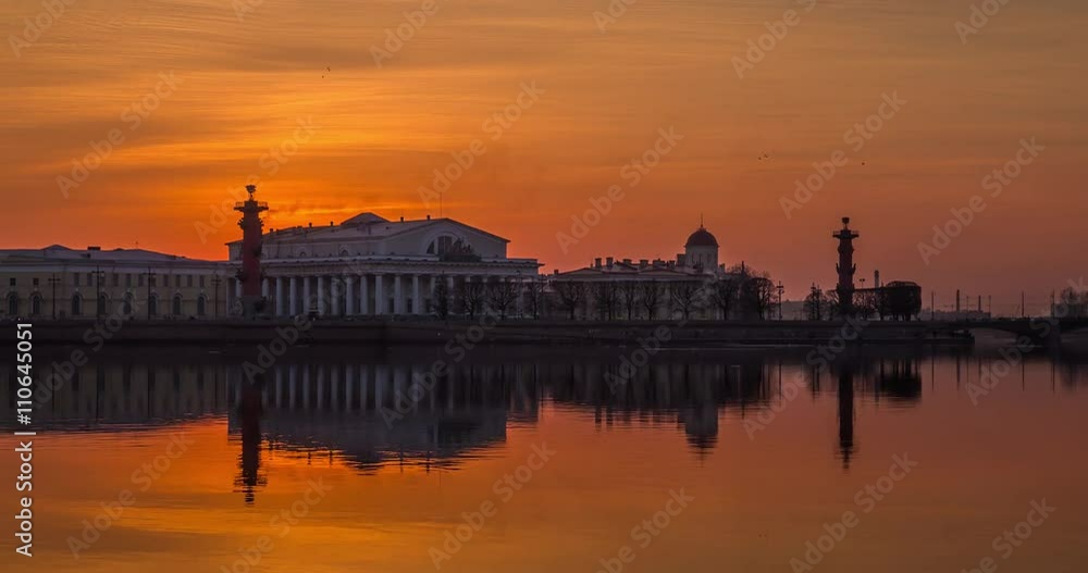 Russia, Saint-Petersburg, 28 March 2016: Timelapse of water area of Neva River at sunset, water mirror, reflections, Birzhevoy, Dvorcovy, Palace bridge, Stock Exchange Building, Rastralnye columns Russia, Saint-Petersburg, 28 March 2016: Timelapse of water area of Neva River at sunset, water mirror, reflections, Birzhevoy, Dvorcovy, Palace bridge, Stock Exchange Building, Rastralnye columns