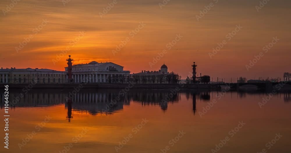 Russia, Saint-Petersburg, 28 March 2016: Timelapse of water area of Neva River at sunset, water mirror, reflections, Birzhevoy, Dvorcovy, Palace bridge, Stock Exchange Building, Rastralnye columns