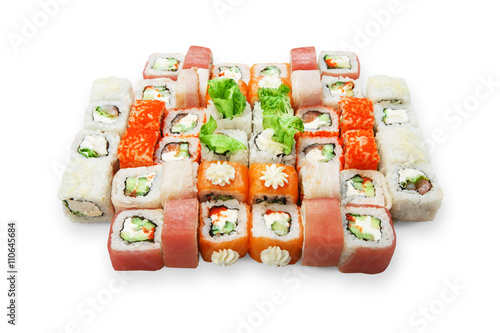 Set of sushi maki and rolls isolated.