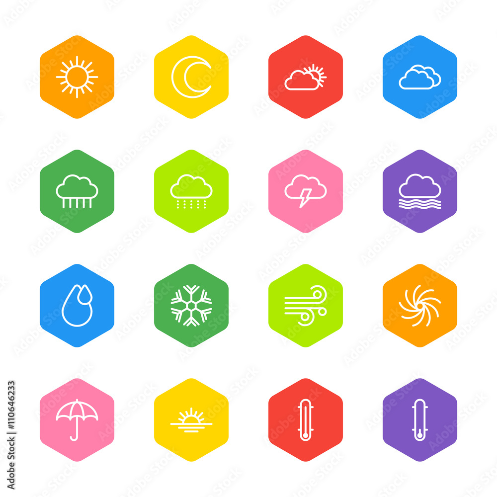 white line weather icon set on colorful hexagon for web design, user interface (UI), infographic and mobile application (apps) white line weather icon set on colorful hexagon for web design, user interface (UI), infographic and mobile application (apps)