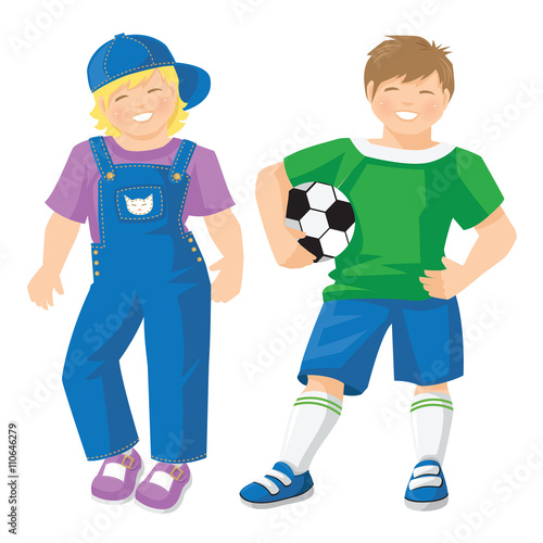 Vector illustration of kid in sport wear with ball isolated on white background. Cute little girls in jeans with lavender color shirt and shoes