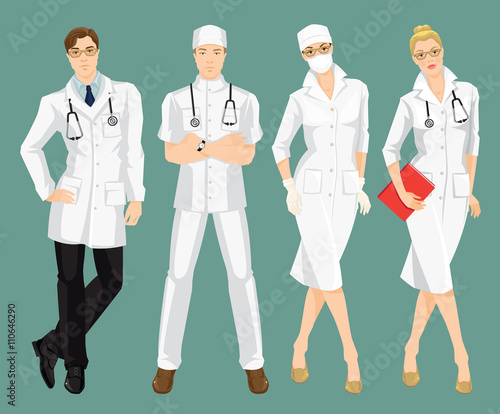 Vector illustration of medical people in medical gown. A young doctor in medical uniform and hat isolated on color background. Woman surgeon in protection mask