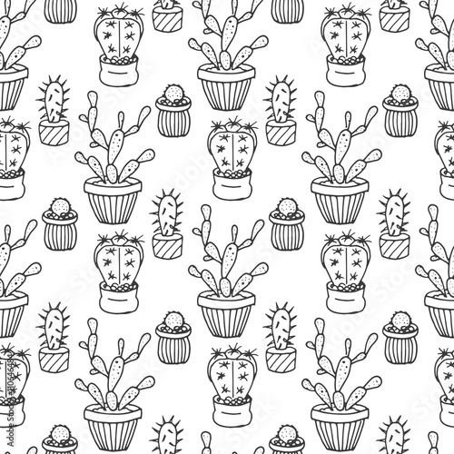 Cactus seamless pattern illustration. Vector succulent and cacti hand drawn set. In door plants in pots.