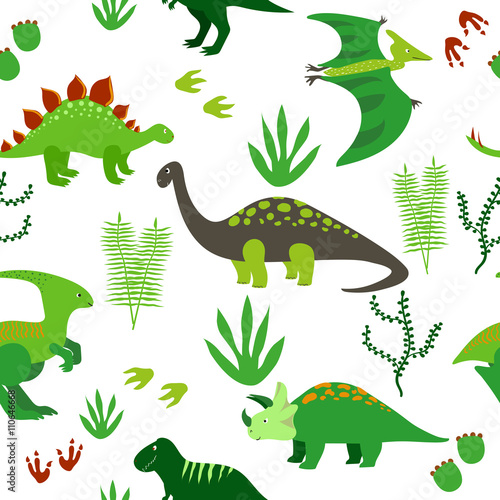 Cute dinosaurs seamless pattern. Vector background with cartoon dinosaurs. 
