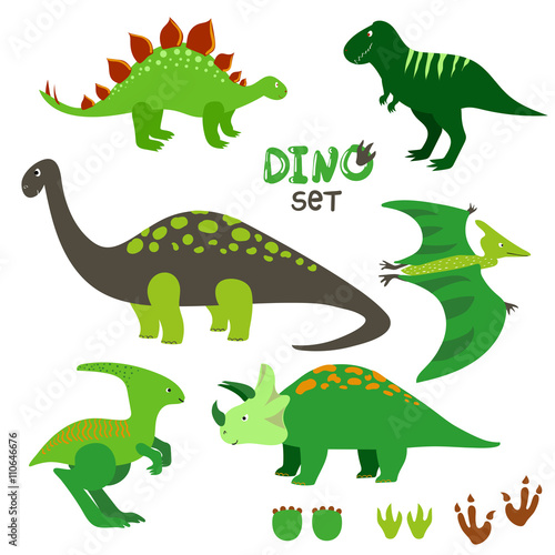 Cute dinosaurs set. Collection of cartoon dinosaurs and prints. Vector illustration. 