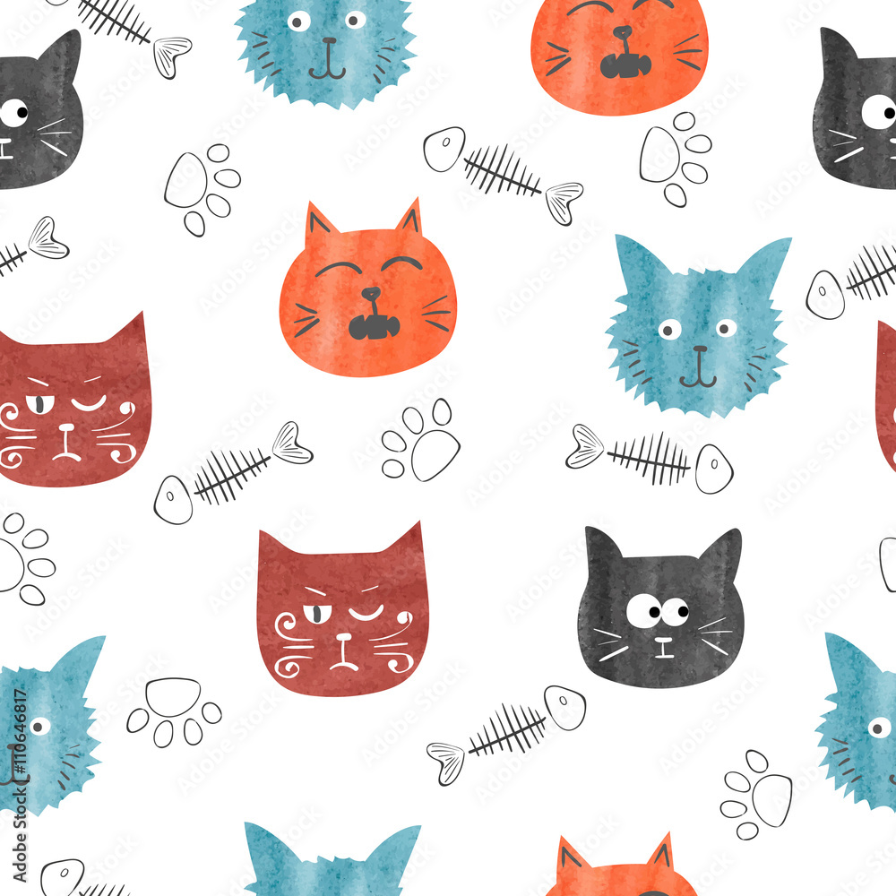 Watercolor cute cats seamless pattern. Vector background with funny cat heads.