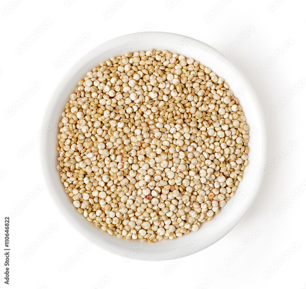 Bowl of white quinoa isolated on white, from above Bowl of white quinoa isolated on white, from above