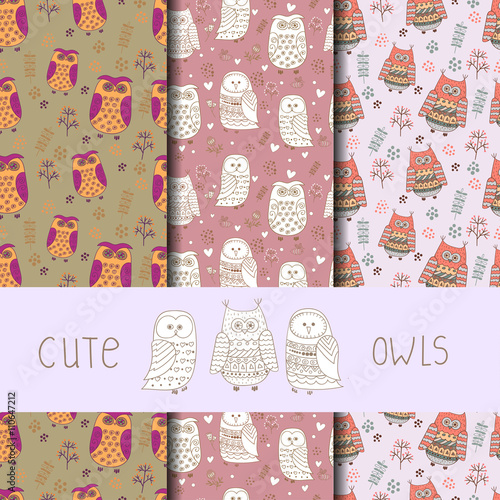 Cute owls seamless pattern. Set of vector backgrounds with doodle owls. Collection of hand drawn wallpaper. 