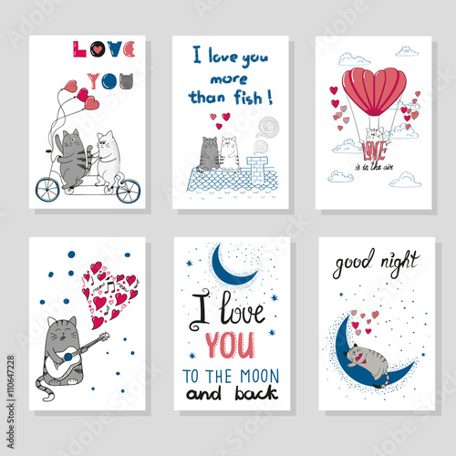 Cute cats in love. Set of romantic card templates for design. Hand drawn cartoon cats. Valentine`s day design. 