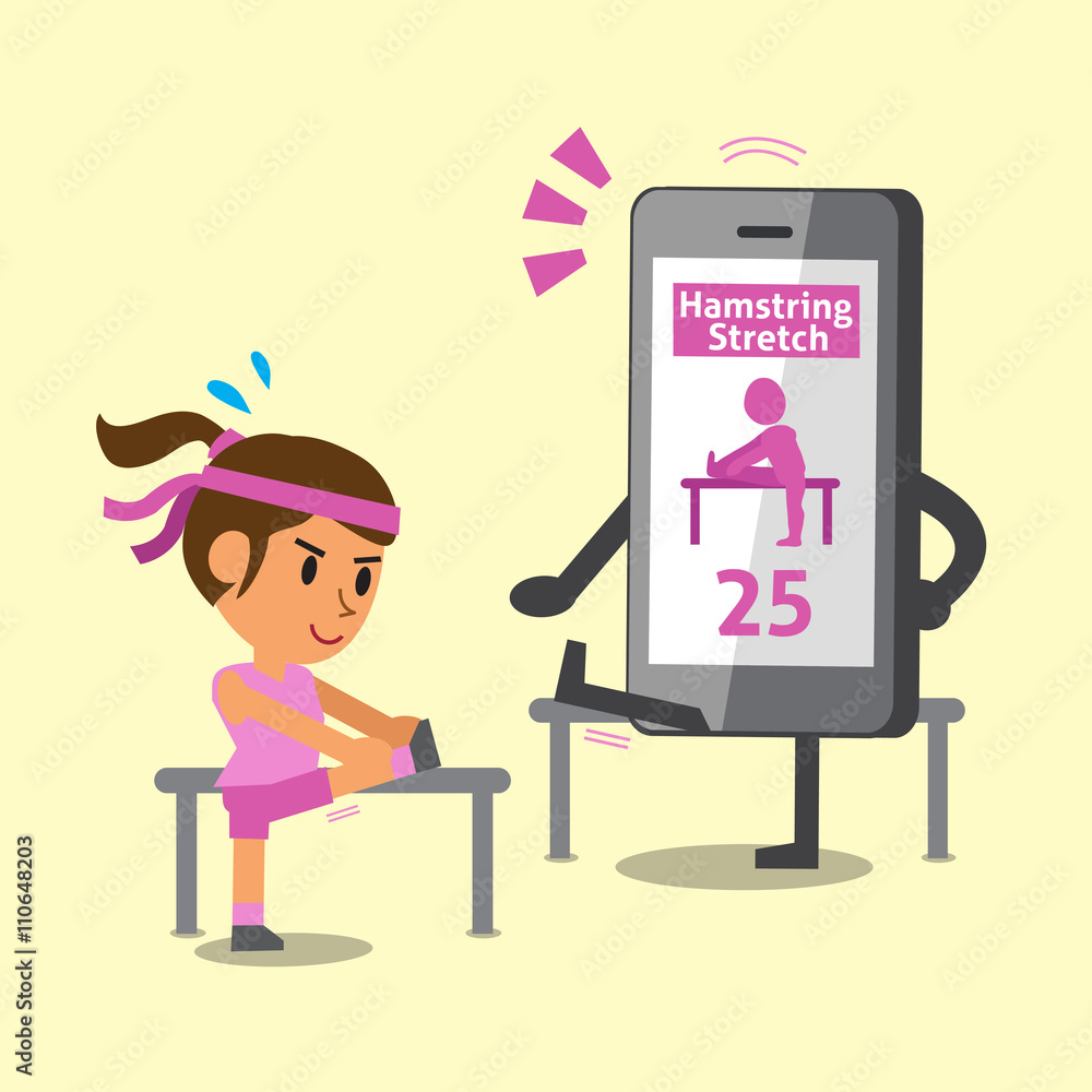 Cartoon smartphone helping a woman to do hamstring stretch exercise