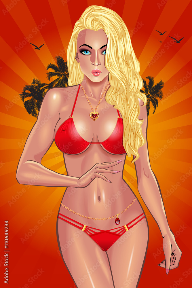 Beautiful young woman with perfect body in red bikini resting on sunset  beach, Sexy girl. Beach girl. Summer girl. Bikini girl. Summer time. Hot  girl. Perfect body. Stock Vector | Adobe Stock