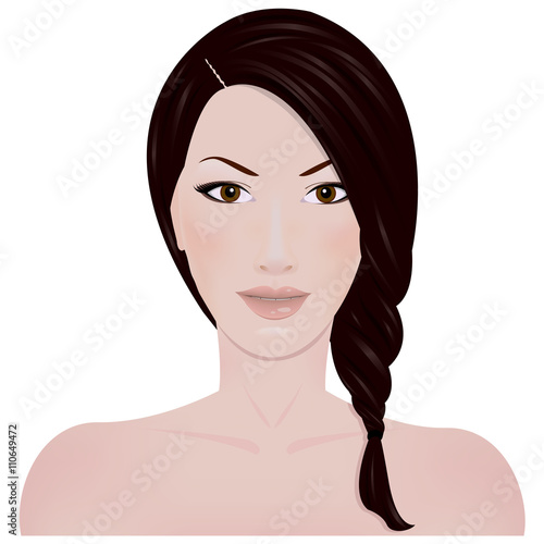 Beautiful girl with braided hair and bare shoulders, isolated on white background