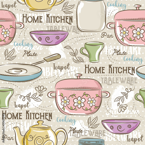 Seamless Patterns with different tableware,flower, pot,cup