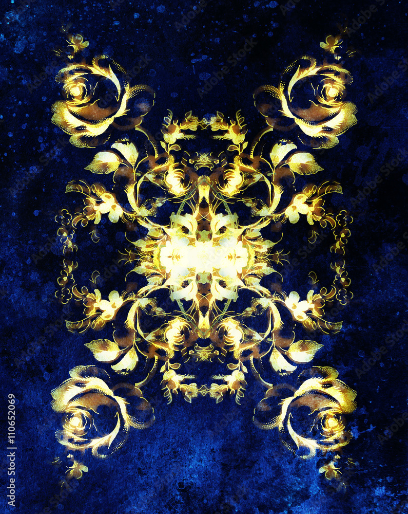 Fototapeta premium Ornamental flower mandala. Rose flover collage. Gold and blue color.