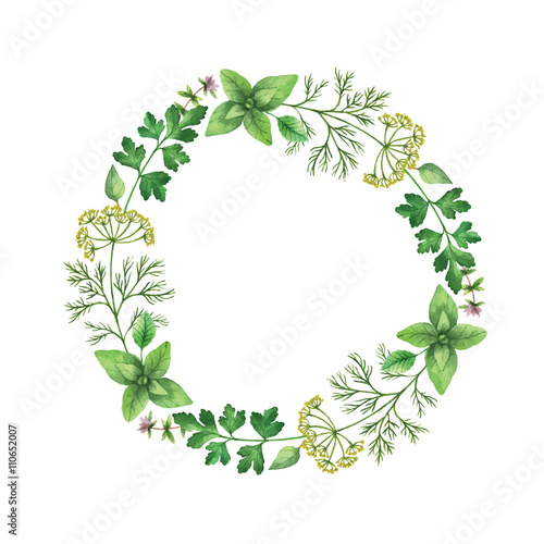 Watercolor vector hand painted frame with herbs and spices. 