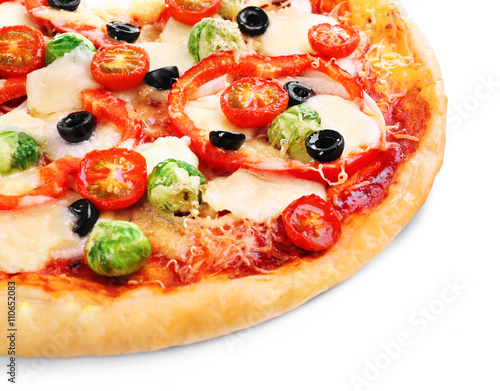 Delicious pizza with cheese and vegetables isolated on white