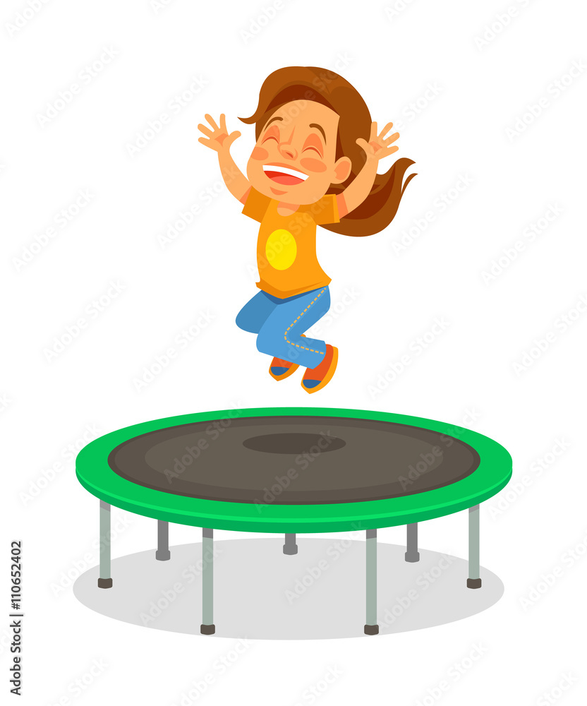 Girl jumping on trampoline. Vector flat cartoon illustration Stock Vector |  Adobe Stock