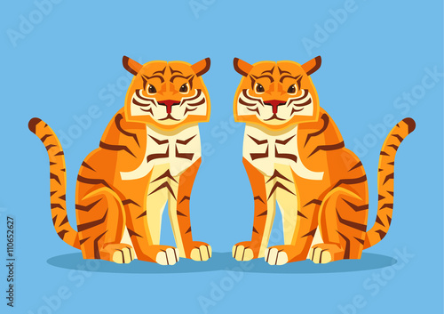 Two tigers. Vector flat cartoon illustration