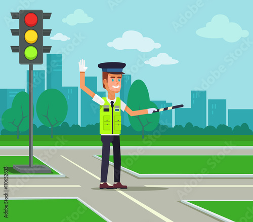 Traffic policeman. Vector flat cartoon illustration