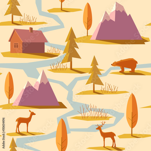 Seamless vector pattern with illustration of a landscape