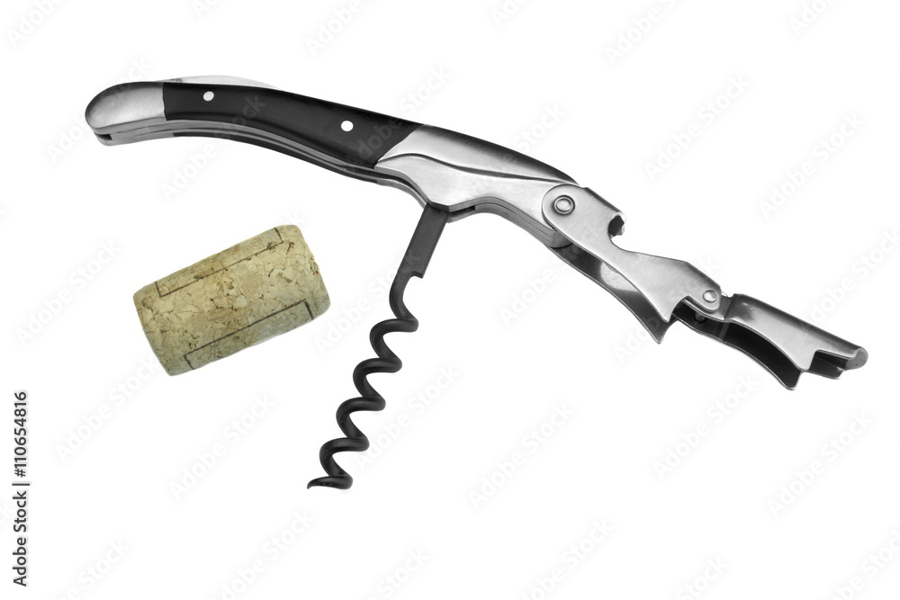 Waiter Or Sommelier Knife And Wine Bottle Cork White Isolated Waiter Or Sommelier Knife And Wine Bottle Cork White Isolated